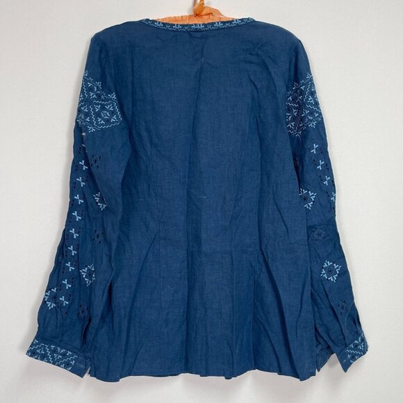 Slobozhanka Embroidered Chambray Top Size Large USA 14 Blue Tasseled Long Sleeve - Picture 2 of 7